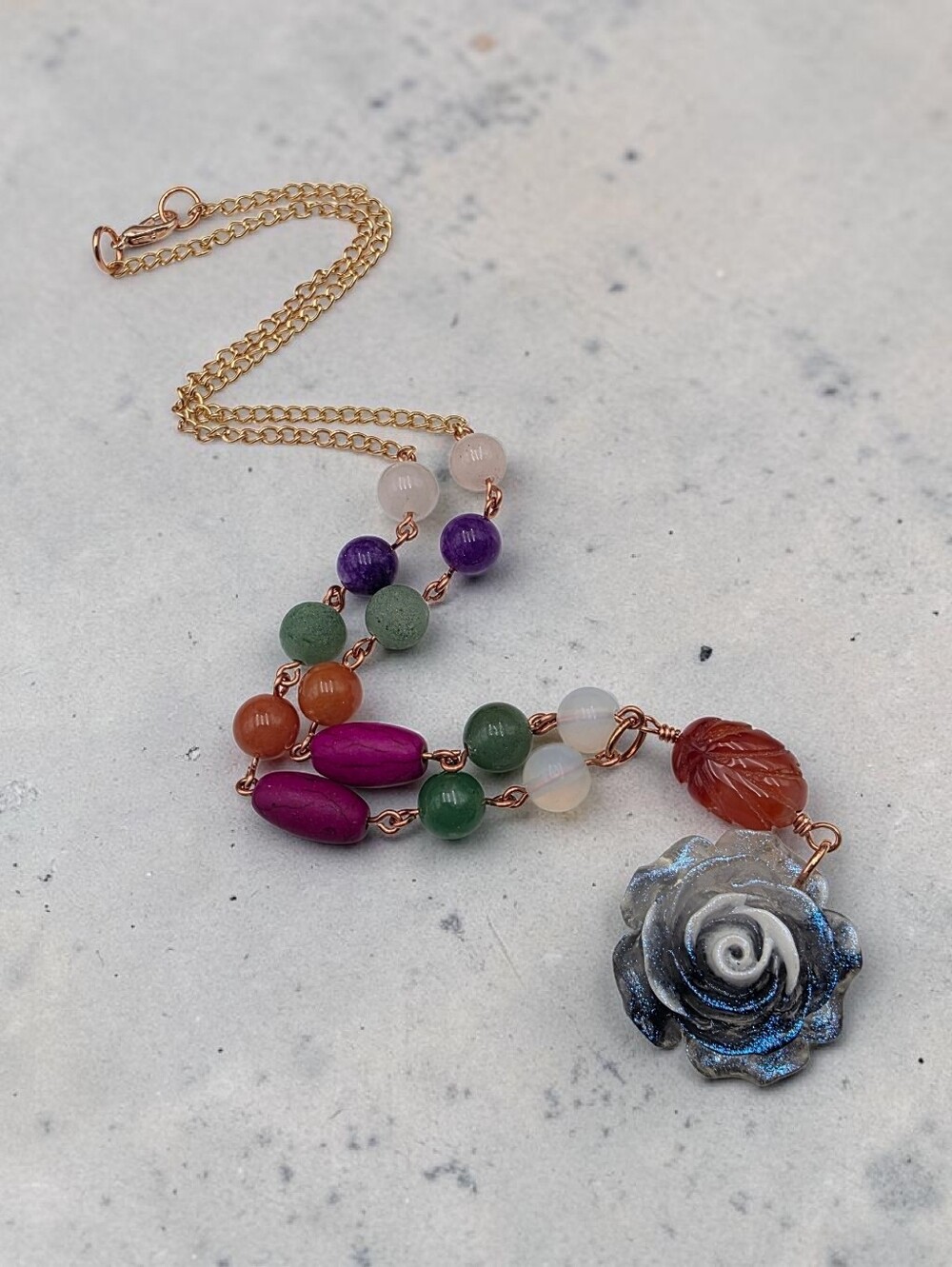 Multicolor Beaded Rose Pendant Necklace in Gold Chain